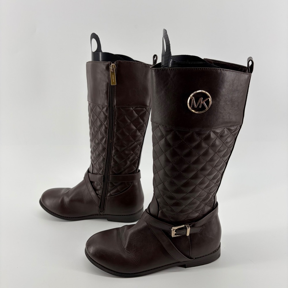 Michael Kors Girls Brown Quilted Riding Boots Gold Buckle MK Logo Size 4